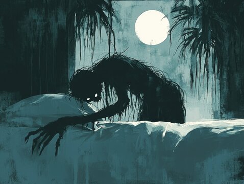 Creepy Phi Am crouched ghost figure, sleep paralysis horror, dark Thai folklore under moonlight