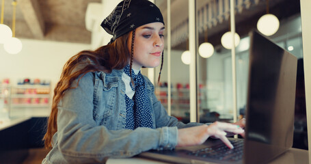 Laptop, freelancer and research with woman in cafe for typing, restaurant review and blog post....