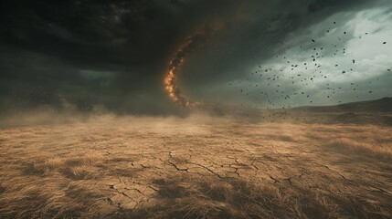 A tornado forming over a snow-covered prairie, the white snow being pulled into the storm's funnel