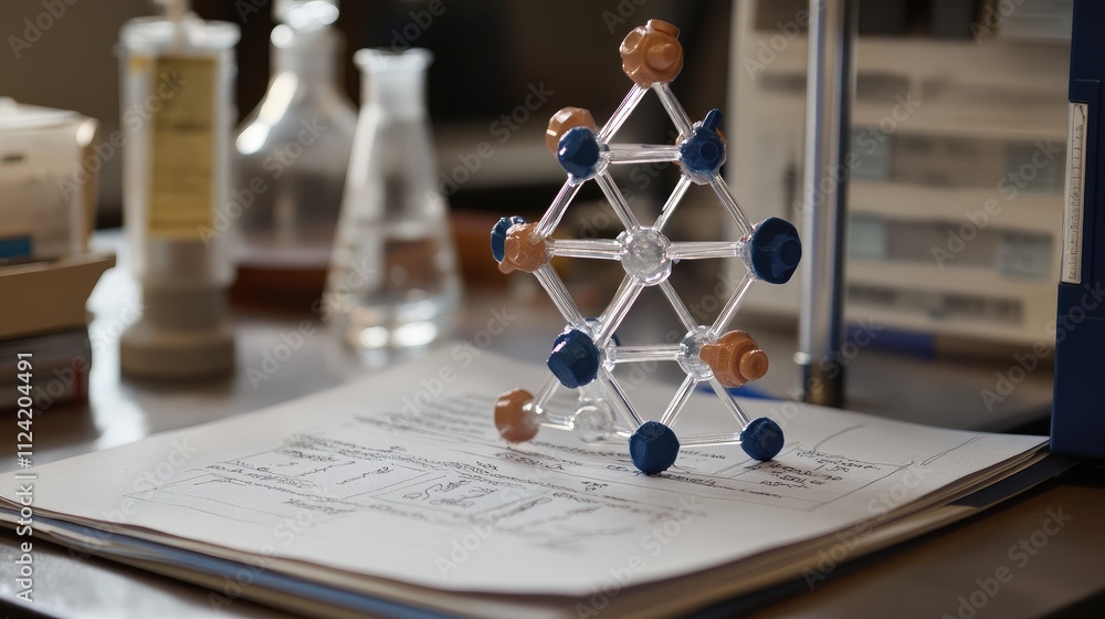 Poster molecular model structure displayed on a lab bench next to research notes.