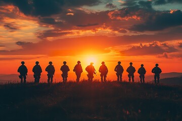 Fototapeta premium Soldiers silhouetted for the military and defense at sunset. Generative Ai