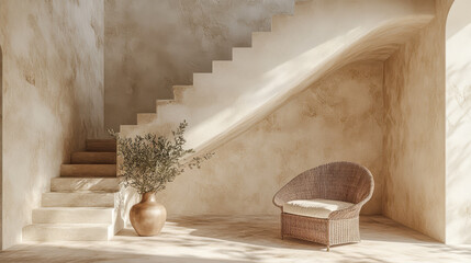 Obraz premium Elegant indoor space featuring a woven chair and minimalist staircase design with natural lighting