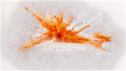 An explosion of orange powder against a dark background, creating a dynamic visual impact.