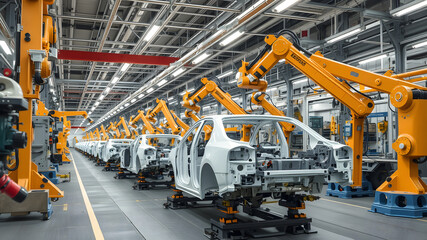 Fototapeta premium A modern production line in an automotive factory, with robotic arms assembling car frames under bright industrial lights