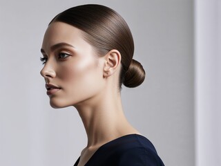 Beautiful woman side view photo with neat straight hair- studio portrait