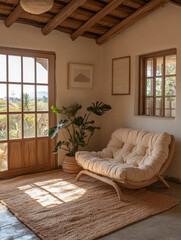 Cozy living room with natural light plants and soft seating in a serene setting