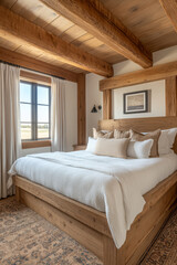 Elegant rustic bedroom with wooden beams and cozy decor in a mountain retreat
