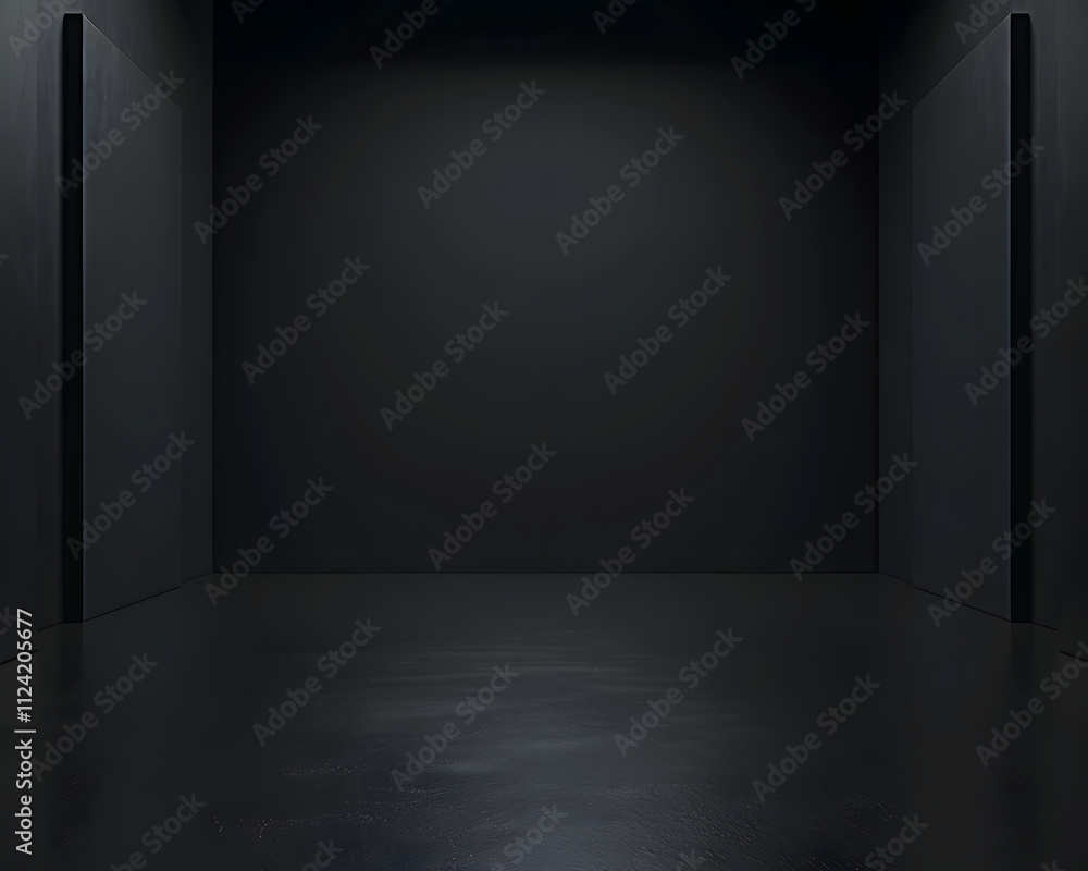 Poster a minimalist dark room with smooth walls and floor, creating a sense of depth and isolation.