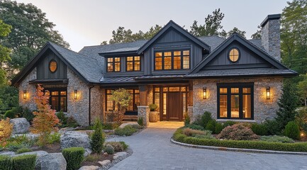 Luxury home exterior at dusk, stone facade, landscaping, driveway.