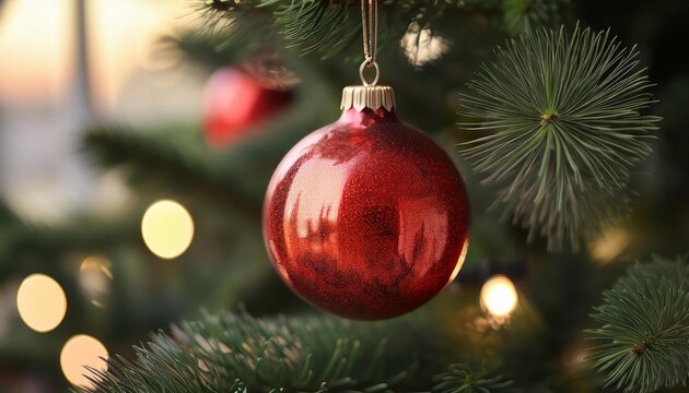 Merry Christmas Red Decoration Bulb on Tree for Holiday Celebration