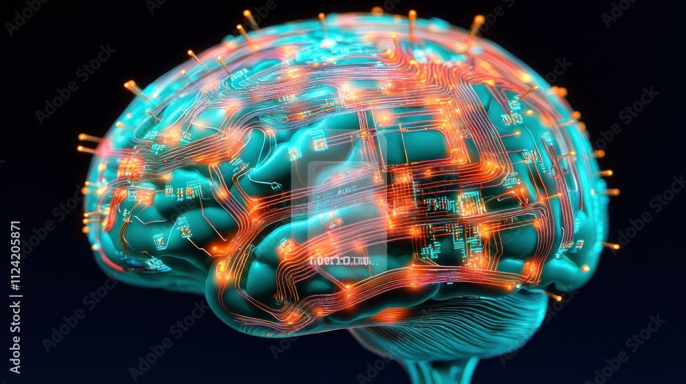 Poster futuristic brain design with circuits and glowing connections.