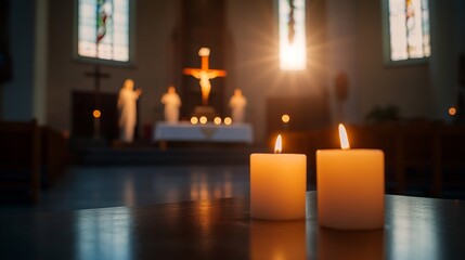 Candlelit church interior with a crucifix and serene atmosphere.