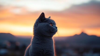 Obraz premium Gray cat silhouetted against a vibrant sunset, mountains in background.