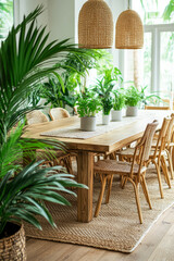 Obraz premium Inviting dining area with natural decor and abundant greenery in a bright space