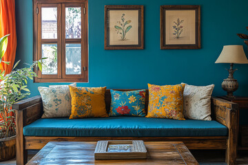Cozy living room with colorful cushions and vibrant blue walls in a sunny setting