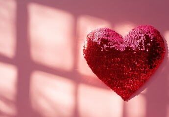 Fototapeta premium A heart shape made of red sequins on a pastel pink background