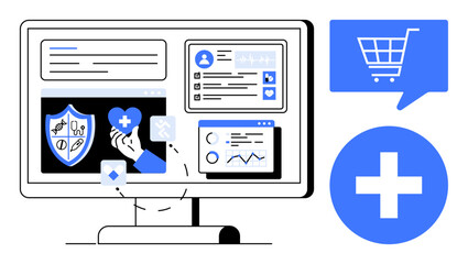 Computer screen featuring healthcare data, medical icons, charts, and user profile. Ideal for health IT, telemedicine, online healthcare services, medical data analysis, digital health platforms