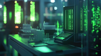 Real-time PCR analysis in progress with glowing fluorescent signals.