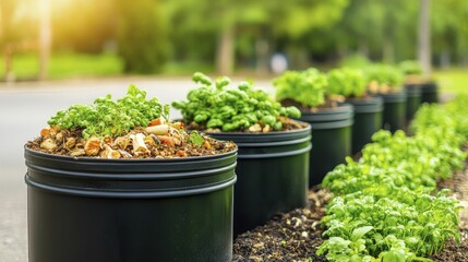 Urban composting systems emphasizing space-saving designs with bins filled with kitchen scraps and healthy greenery thriving nearby.