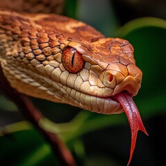 Fototapeta premium A close-up of a snake head, tongue flicking out as it senses its environment