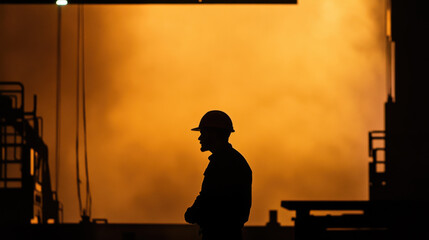 silhouette of worker in hard hat stands against glowing industrial backdrop, evoking sense of determination and hard work in manufacturing environment