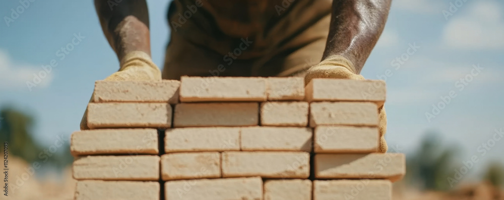 Poster building with eco friendly bricks, skilled bricklayer showcases strength and precision in constructi