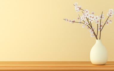 Elegant arrangement of cherry blossom branches in a minimalist vase on a wooden table