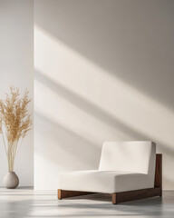 Modern minimalist lounge area with sunlight and decorative plant in a contemporary space