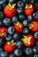 Ripe blueberries and raspberries. Selective focus. Shallow depth of field. Background and textures.