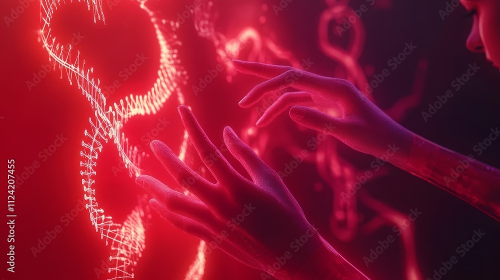 Poster hands interacting with a glowing red digital interface.