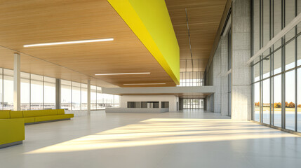 Modern architectural design in a spacious public building with large windows and bright accents