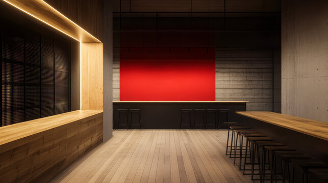 Modern interior of a minimalist cafe featuring red accents and wooden elements
