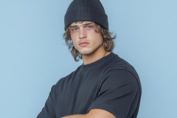 Cartoon Criminal in Black T-Shirt and Beanie with Copy Space