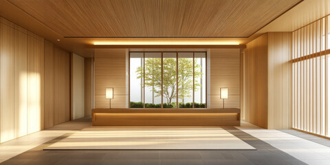Fototapeta premium Modern interior design featuring wooden architecture and natural light in a serene setting