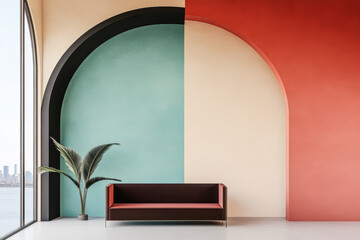 Modern interior design featuring colorful arches and a minimalist sofa in a bright space
