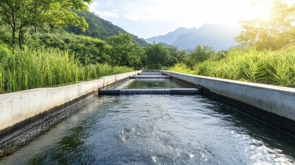 Concept of water remediation techniques featuring filtration systems and clean water flowing through restored ecosystems.