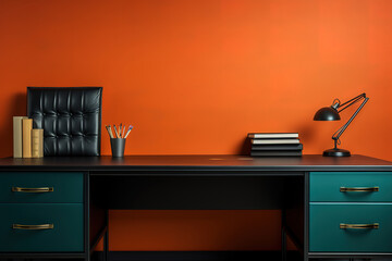 Stylish black leather workspace showcasing office essentials and plenty of copy space