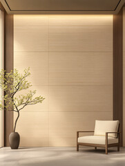 Elegant minimalist interior with a light wooden wall and a cozy chair