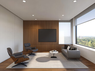 Fototapeta premium Modern living room with stylish furniture and large windows overlooking greenery