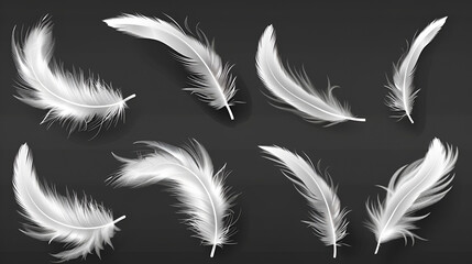 Obraz premium Set of isolated falling white fluffy twirled feathers on transparent background in realistic style. Vector Illustration, Generative AI 