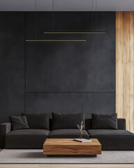 Modern living room interior design featuring dark tones and natural wood accents