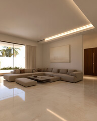 Modern minimalist living room with large windows and natural light during daytime