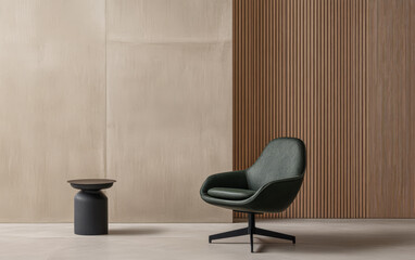 Stylish green chair with modern side table against textured wooden wall backdrop