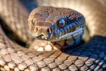 Obraz premium A coiled snake, ready to strike, muscles tensed and eyes locked on its prey