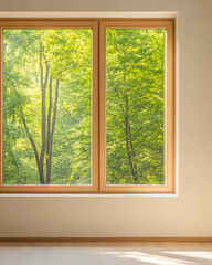 Natural light streams through large windows revealing a vibrant green forest landscape