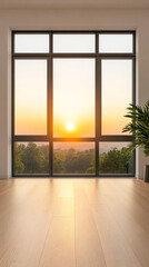Beautiful sunset view through large windows in a modern room with plants