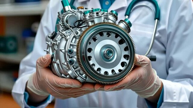 Medical scientist inventor demonstrates mechanical heart in lab high-tech workshop