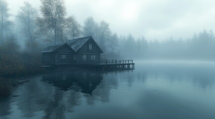 Misty lake cabin, serene autumn scene.