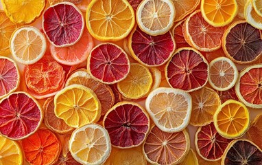 A colorful arrangement of dried fruit slices spread out on a clean surface, showcasing their variety