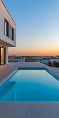 Fototapeta premium Elegant modern house with a serene pool at sunset in a tranquil setting